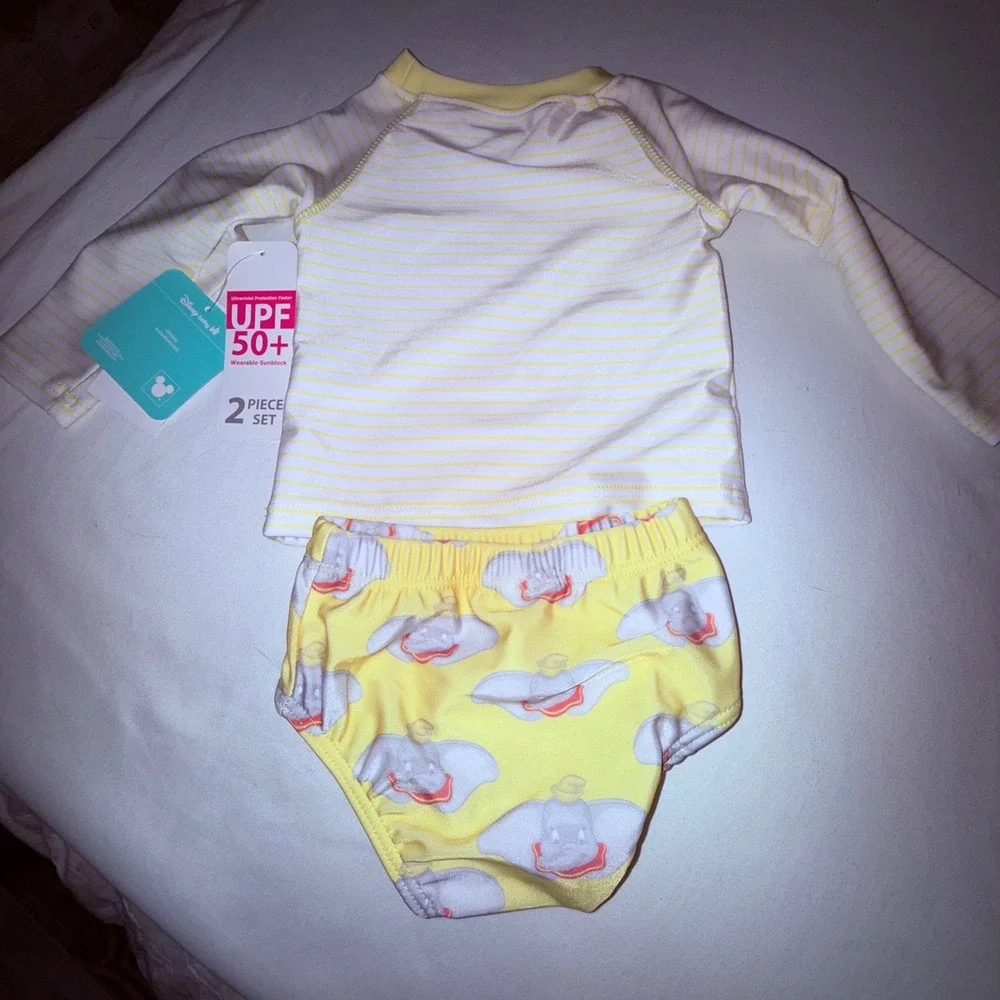 Disney Baby Dumbo Rash Guard Set Kids 3-6M Yellow New UPF‎ 50+ 2pc Swimsuit